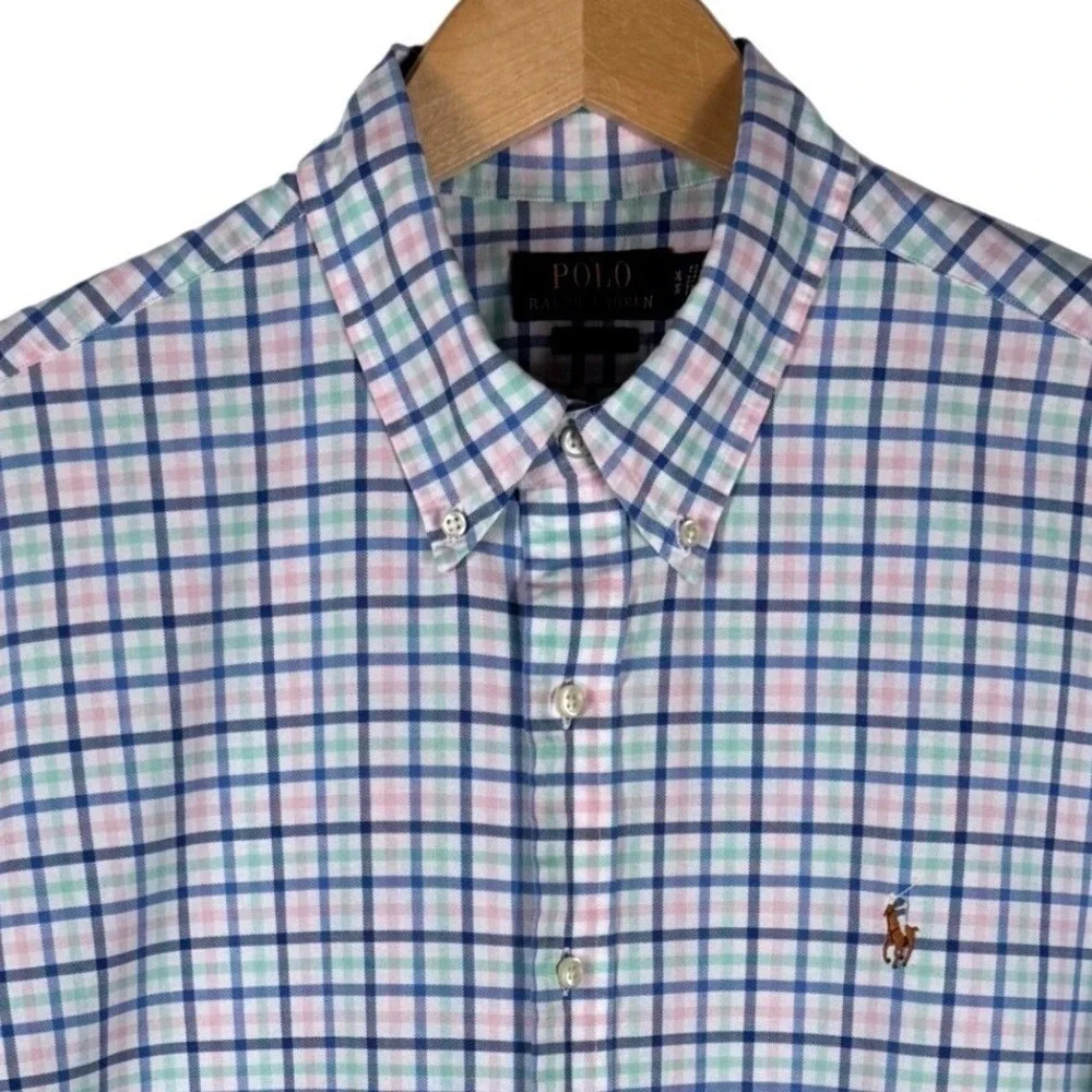 Polo Ralph Lauren Classic Fit Oxford Plaid Short Sleeve Shirt Mens XL Blue